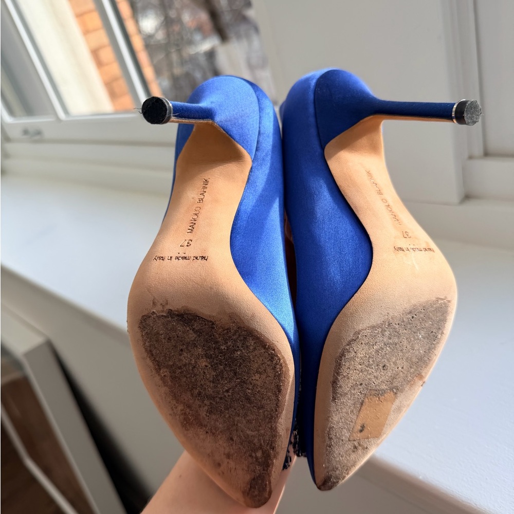 Manolo Blahnik Blue Satin Pumps with Crystal Embellishments - Picture 2 of 6